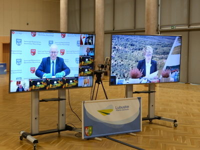 Uczestnicy konwentu pokazani na telewizorach.