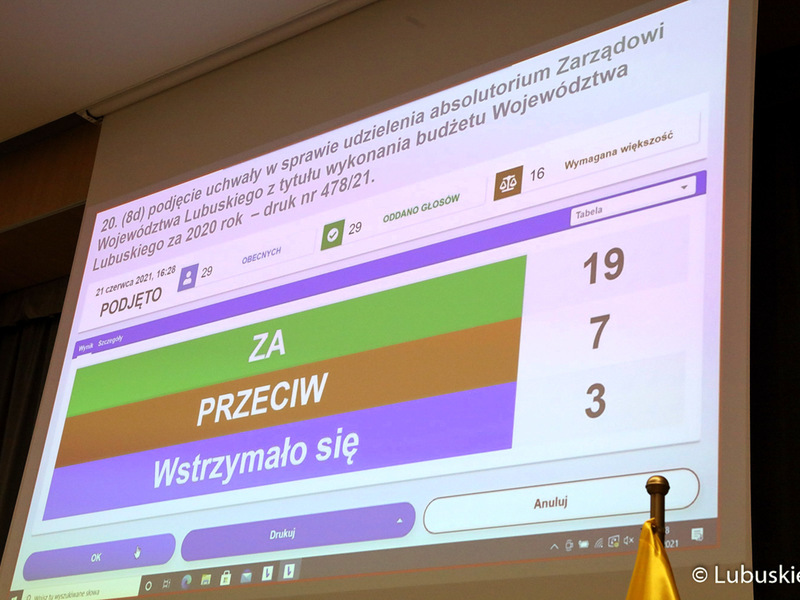 XXXIII Sesja Sejmiku Województwa Lubuskiego w Zielonej Górze. Głosowanie nad absolutorium dla Zarządu Województwa.