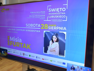 Telewizor z wyświetlonym programem Święta Województwa Lubuskiego.