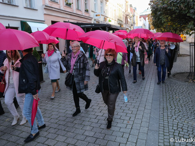 Uczestnicy Różowego Marszu na deptaku w Zielonej Górze. 