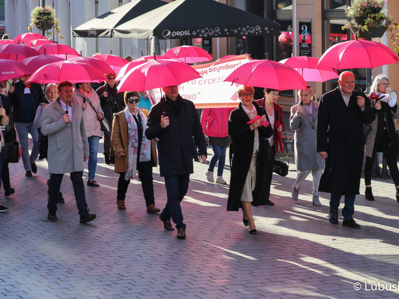 Uczestnicy Różowego Marszu w Zielonej Górze. Na czele marszu marszałek Elżbieta Anna Polak, przewodniczący Sejmiku, Wacław Maciuszonek (z prawej) oraz prezes zielonogórskiego szpitala Marek Działoszyński (z lewej).