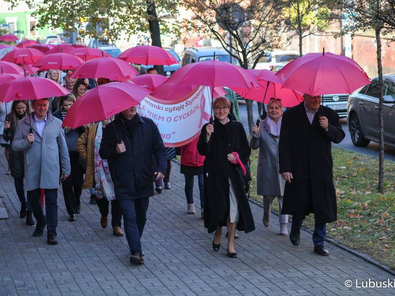 Uczestnicy Różowego Marszu w Zielonej Górze. Na czele marszu marszałek Elżbieta Anna Polak, przewodniczący Sejmiku, Wacław Maciuszonek (z prawej) oraz prezes zielonogórskiego szpitala Marek Działoszyński (z lewej).