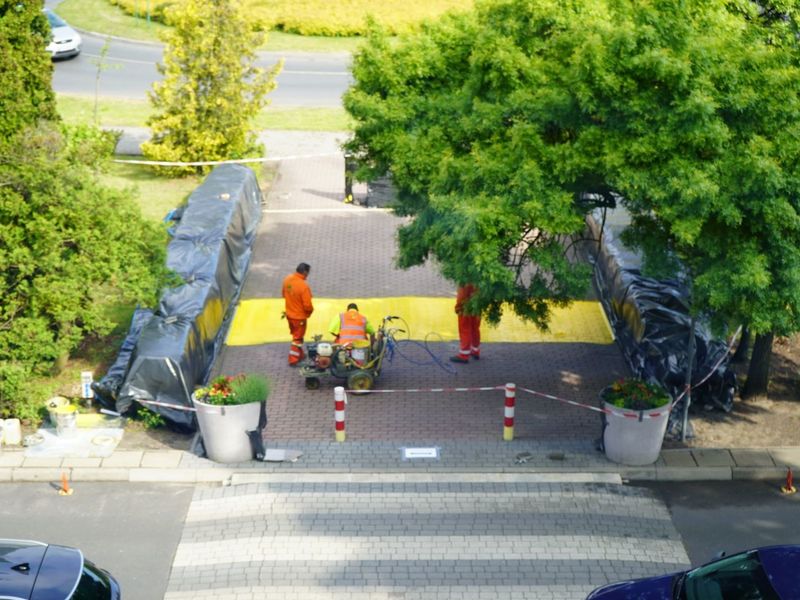 Tęczowa instalacja przed Urzędem Marszałkowskim Województwa Lubuskiego przy ul. Podgórnej z okazji V Marszu Równości w Zielonej Górze