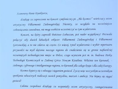 2 lipca 2022 r. Filharmonia Zielonogórska zakończyła sezon artystyczny, wykonując wraz z orkiestrą partnerskiej Filharmonii Gorzowskiej koncert „Ale Kosmos!”. Zabrzmiały „Planety” angielskiego kompozytora Gustava Holsta. 