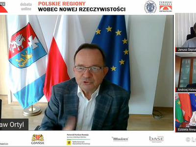 Monitor z uczestnikami debaty online pt. Polskie regiony wobec nowej rzeczywistości. Na zdjęciu głównym Marszałek Województwa Podkarpackiego Władysław Ortyl.