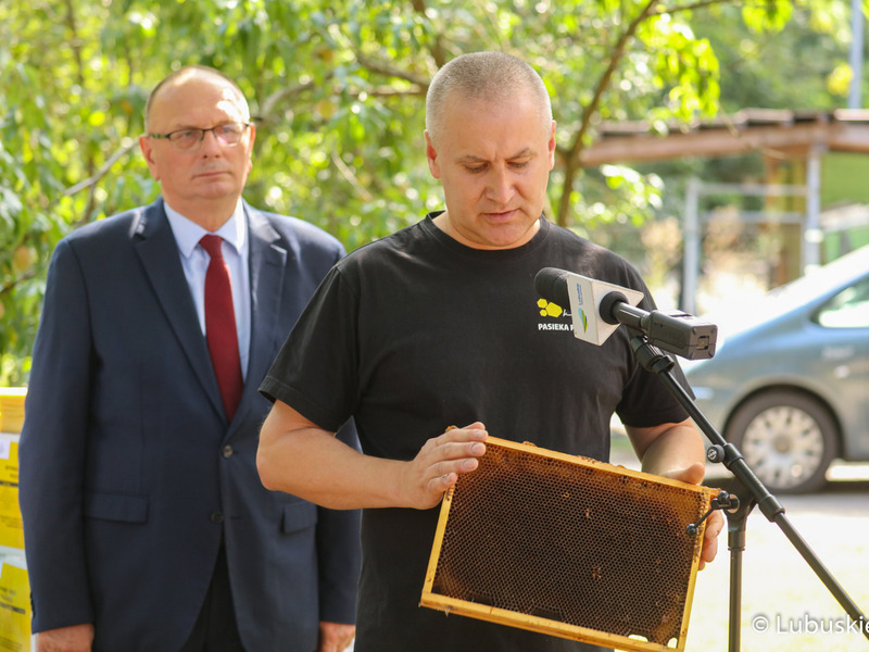 Uczestnicy konferencji prasowej dotyczącej etapu realizacji projektu wsparcia lubuskich pszczelarzy „zakup węzy pszczelej”. Marcin Kamiński z Pasieki Klenica