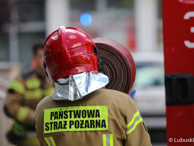 Strażacy podczas ćwiczeń ewakuacyjnych w urzędzie marszałkowskim w Zielonej Górze