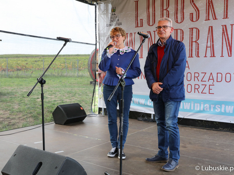 Marszałek Elżbieta Anna Polak oraz rektor UZ prof. dr hab. Wojciech Strzyżewski ·oficjalnie otwierają winobranie na winnicy samorządowej w Zaborze