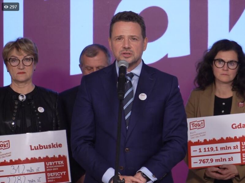 Uczestnicy konferencji prasowej Ruchu Samorządowego TAK! Dla Polski. Przy mikrofonie prezydent Warszawy Rafał Trzaskowski.