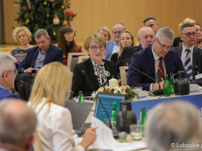 Uczestnicy obrad na temat ochrony zdrowia w Sali Kolumnowej Urzędu Marszałkowskiego Województwa Lubuskiego w Zielonej Górze. Przy mikrofonie marszałek Elżbieta Anna Polak. Obok prezes Szpitala Uniwersyteckiego w Zielonej Górze Marek Działoszyński.
