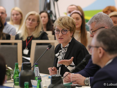 Marszałek Elżbieta Anna Polak podczas Uczestnicy obrad na temat ochrony zdrowia w Sali Kolumnowej Urzędu Marszałkowskiego Województwa Lubuskiego w Zielonej Górze 