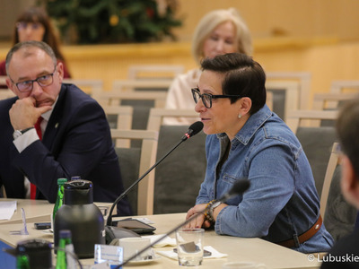 Uczestnicy obrad na temat ochrony zdrowia w Sali Kolumnowej Urzędu Marszałkowskiego Województwa Lubuskiego w Zielonej Górze. Przy mikrofonie posłanka na Sejm RP Krystyna Sibińska. Obok burmistrz Krosna Odrz. Marek Cebula.