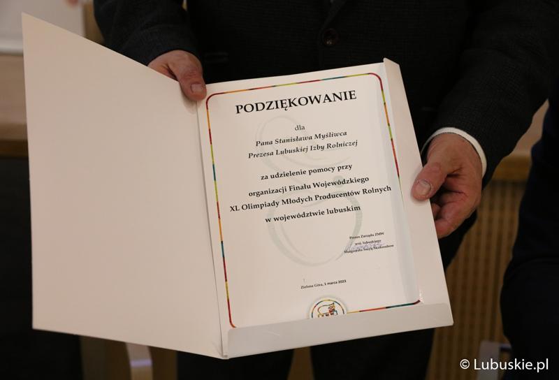 Podziękowanie dla Stanisława Myśliwca, prezesa Lubuskiej Izby Rolniczej