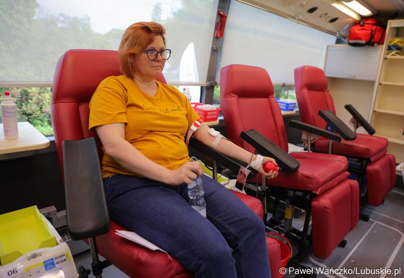 Akcja zbiórki krwi w krwiobusie przed urzędem marszałkowskim w Zielonej Górze
