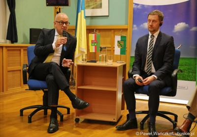 Marszałek Województwa Lubuskiego Marcin Jabłoński i Premier Wolnego Kraju Saksonia Michael Kretschmer