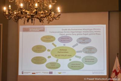 Telebim z prezentacją na spotkaniu Instytucji Zarządzającej programem Fundusze Europejskie dla Lubuskiego 2021-2027 z ZIT i Partnerstwami Jednostek Samorządu Terytorialnego ws. Żarach 