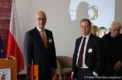 Marszałek Województwa Lubuskiego Marcin Jabłoński i Współprzewodniczący strony niemieckiej dr Mark Speich przed 48. obradami Komitetu ds. Współpracy Międzyregionalnej Polsko-Niemieckiej Komisji Międzyrządowej ds. Współpracy Regionalnej i Przygranicznej w Görlitz 