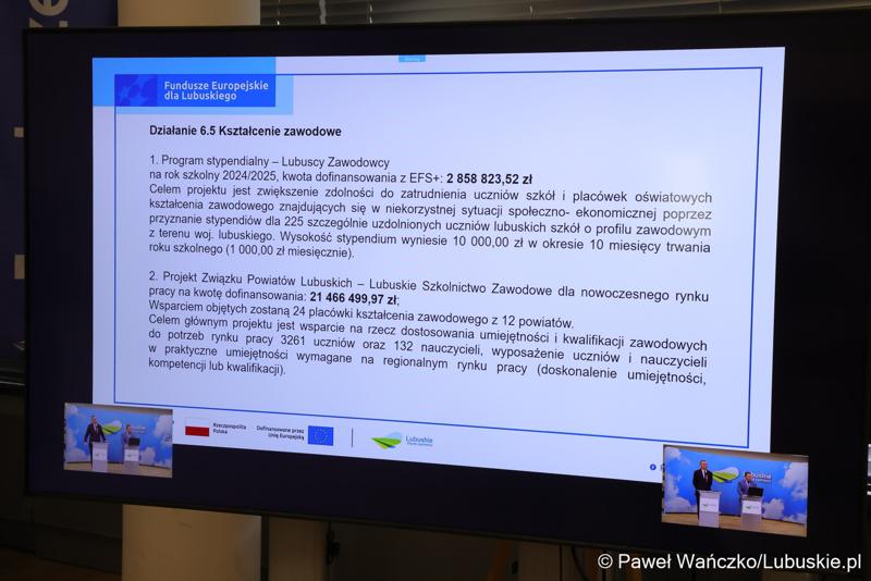 Monitor z prezentacją na konferencji prasowej podsumowującej wdrażanie Europejskiego Funduszu Społecznego Plus (EFS+) w Lubuskiem w trzecim kwartale 2024 r.