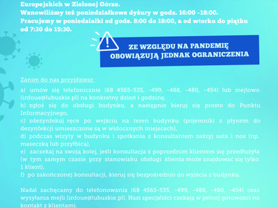 Główny Punkt Informacyjny Funduszy Europejskich w Zielonej Górze od 8 czerwca znowu przyjmuje klientów. Zasady, jakich musi przestrzegać klient.