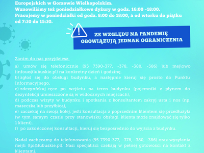 Lokalny Punkt Informacyjny Funduszy Europejskich w Gorzowie Wielkopolskim od 8 czerwca znowu przyjmuje klientów. Zasady, jakich musi przestrzegać klient.