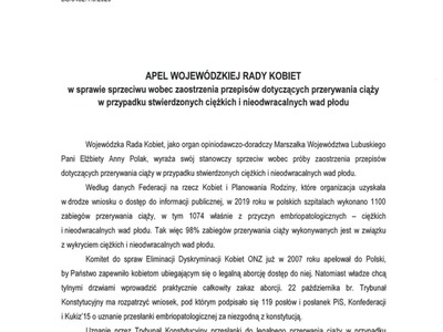 Apel Wojewódzkiej Rady Kobiet z 8 października 2020 r.