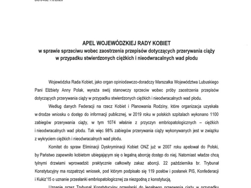 Apel Wojewódzkiej Rady Kobiet z 8 października 2020 r.