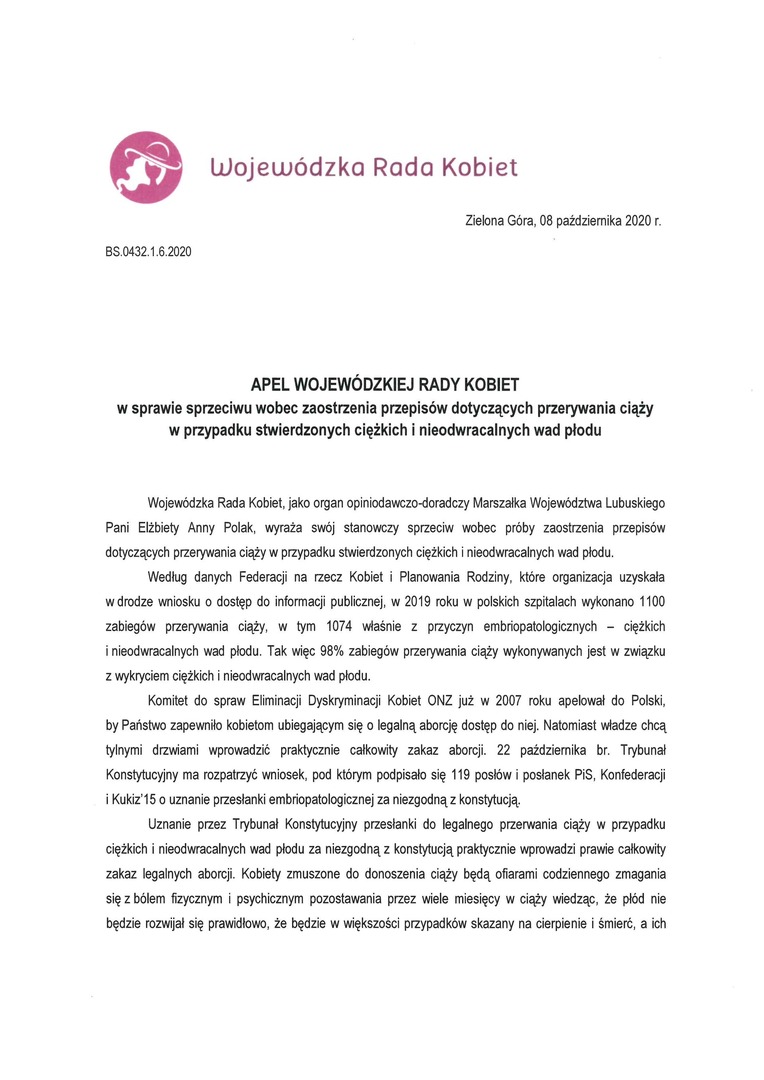 Apel Wojewódzkiej Rady Kobiet z 8 października 2020 r.