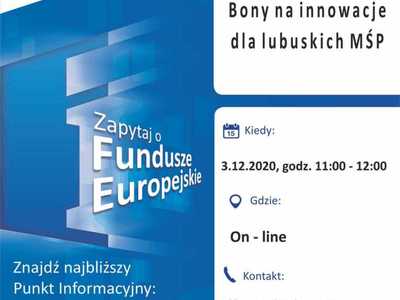 Plakat promujący webinar pt. „Bony na innowacje dla lubuskich MŚP”, realizowany 3 grudnia 2020 r. przez Główny Punkt Informacyjny Funduszy Europejskich w Zielonej Górze.