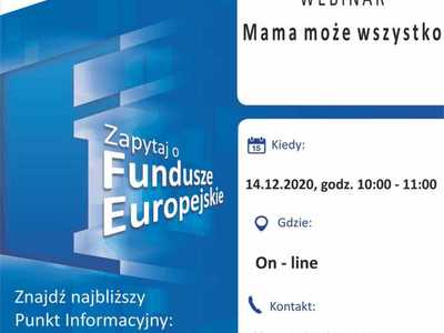 Plakat promujący webinar pt. "Mama może wszystko", realizowany 14 grudnia 2020 r. przez Główny Punkt Informacyjny Funduszy Europejskich w Zielonej Górze.