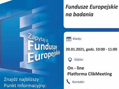 Plakat, który promuje webinar pt. "Fundusze Europejskie na badania". Webinar realizuje 20 stycznia 2021 r. Lokalny Punkt Informacyjny Funduszy Europejskich w Gorzowie Wielkopolskim.