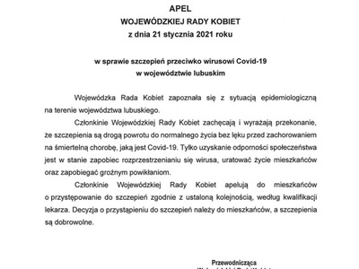 Apel Wojewódzkiej Rady Kobiet z dnia 21 stycznia 2021 r.