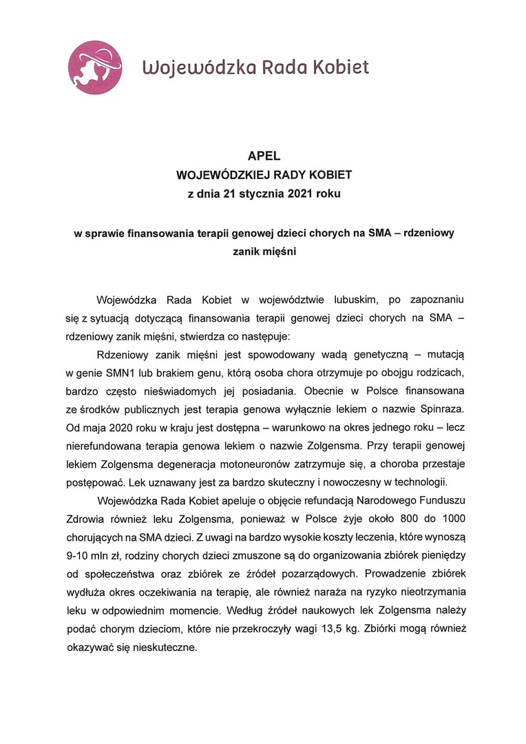 Apel Wojewódzkiej Rady Kobiet z dnia 21 stycznia 2021 r.