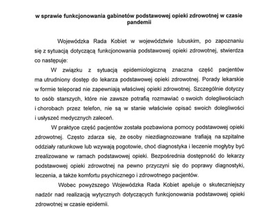 Apel Wojewódzkiej Rady Kobiet z dnia 11 stycznia 2021 r.