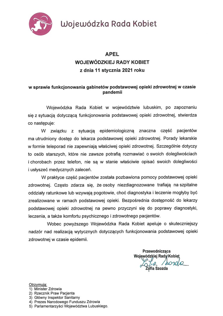Apel Wojewódzkiej Rady Kobiet z dnia 11 stycznia 2021 r.