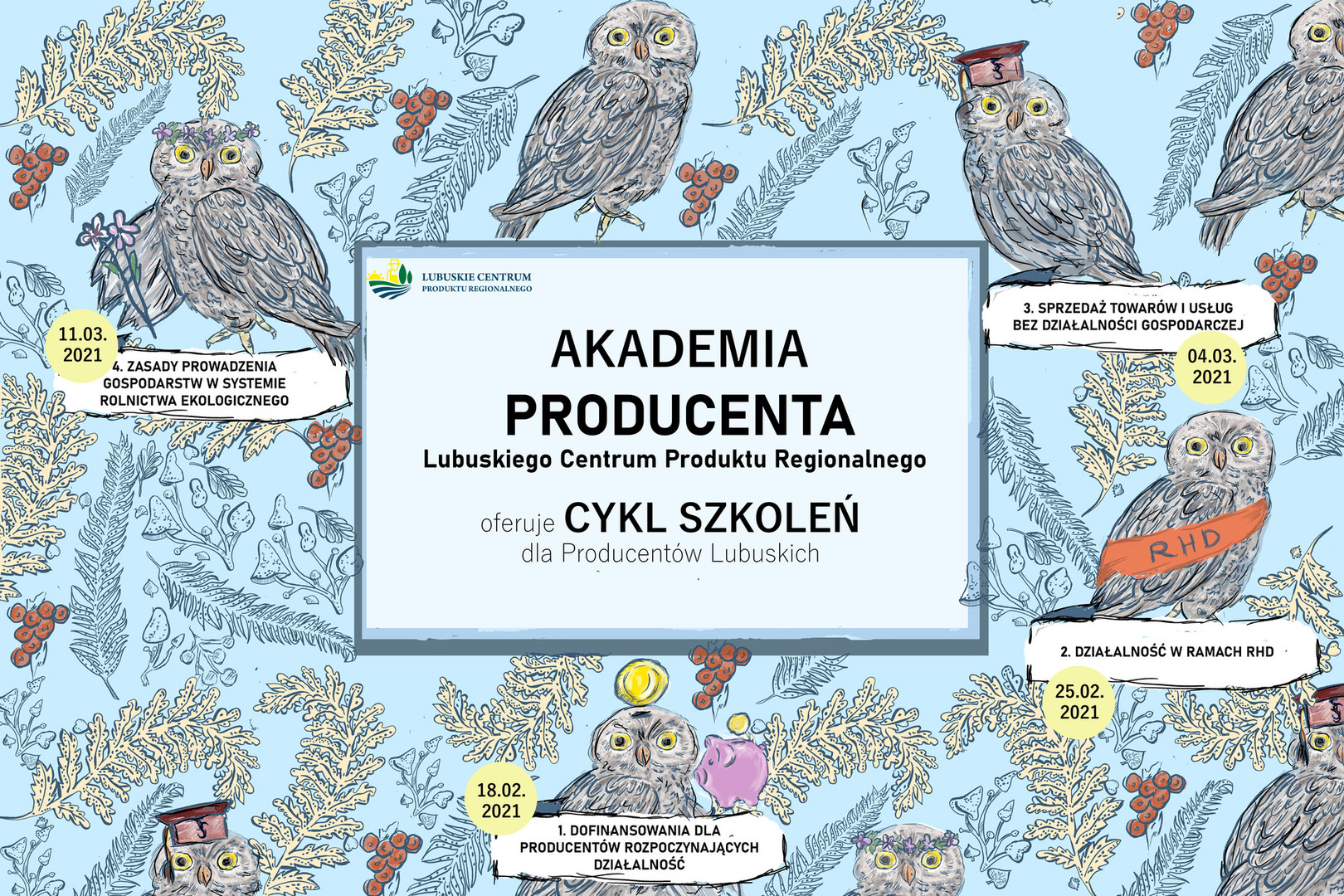 Grafika prezentująca nazwę cyklu szkoleń oraz terminy poszczególnych warsztatów.