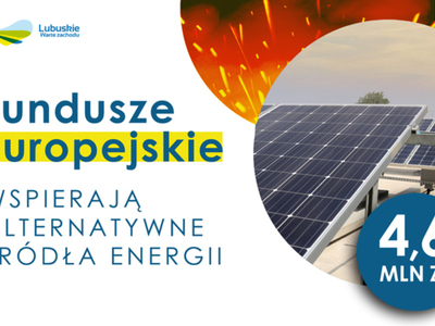 Grafika z panelami fotowoltaicznymi oraz napisem: "Fundusze Europejskie" wspierają alternatywne źródła energii.