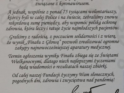 Podziękowania od Fundacji WOŚP dla Urzędu Marszałkowskiego Województwa Lubuskiego za wsparcie przy 29. Finale WOŚP.