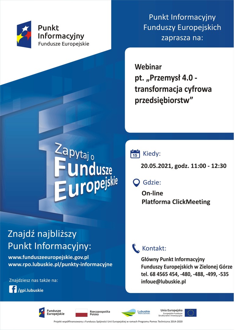 Plakat, który promuje webinar pt. „Przemysł 4.0 – transformacja cyfrowa przedsiębiorstw
