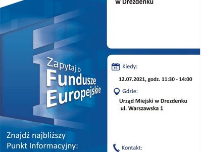Plakat, który promuje Mobilny Punkt Informacyjny w Drezdenku. MPI organizują 12 lipca 2021 r. pracownicy Lokalnego Punktu Informacyjnego Funduszy Europejskich w Gorzowie Wielkopolskim.