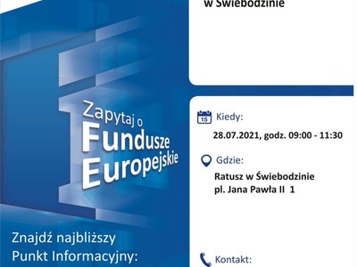 Plakat, który promuje Mobilny Punkt Informacyjny w Świebodzinie. Konsultacje prowadzą 28 lipca 2021 r. pracownicy Głównego Punktu Informacyjnego Funduszy Europejskich w Zielonej Górze.