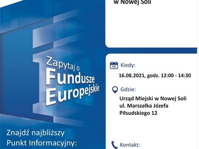 Plakat, który promuje Mobilny Punkt Informacyjny w Nowej Soli. Konsultacje prowadzą 16 sierpnia 2021 r. pracownicy Głównego Punktu Informacyjnego Funduszy Europejskich w Zielonej Górze.