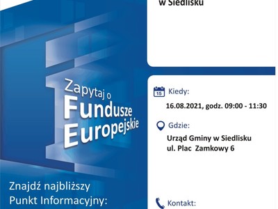 Plakat, który promuje Mobilny Punkt Informacyjny w Siedlisku. Konsultacje prowadzą 16 sierpnia 2021 r. pracownicy Głównego Punktu Informacyjnego Funduszy Europejskich w Zielonej Górze.