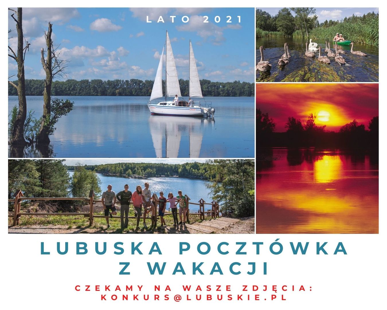 Na zdjęciu kolaż z kilku zdjęci ukazujący m.in. jezioro, zachód słońca.