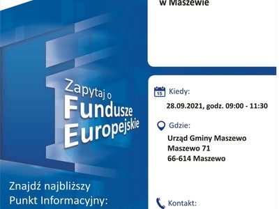 Plakat, który promuje Mobilny Punkt Informacyjny w Maszewie. Konsultacje organizują 28 września 2021 r. pracownicy Głównego Punktu Informacyjnego Funduszy Europejskich w Zielonej Górze.