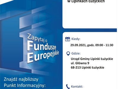 Plakat, który promuje Mobilny Punkt Informacyjny w Lipinkach Łużyckich. Konsultacje organizują 29 września 2021 r. pracownicy Głównego Punktu Informacyjnego Funduszy Europejskich w Zielonej Górze.