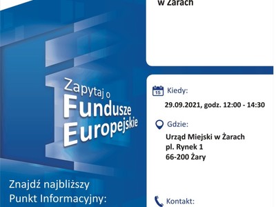 Plakat, który promuje Mobilny Punkt Informacyjny w Żarach. Konsultacje organizują 29 września 2021 r. pracownicy Głównego Punktu Informacyjnego Funduszy Europejskich w Zielonej Górze.
