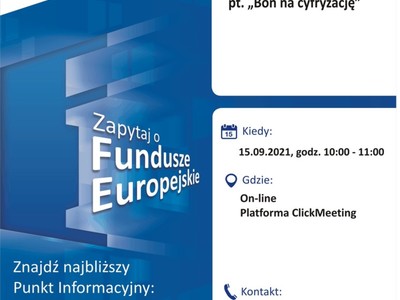 Plakat, który promuje webinar pt. „Bony na cyfryzację”. Webinar organizują 15 września 2021 r. pracownicy Głównego Punktu Informacyjnego Funduszy Europejskich w Zielonej Górze.