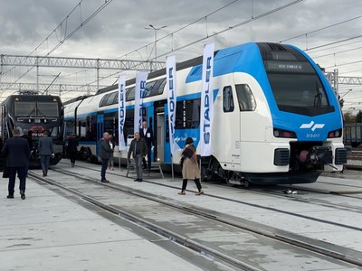 Ludzie chodzący wokół pociągu.