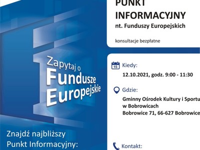 Plakat, który promuje Mobilny Punkt Informacyjny w Bobrowicach. Konsultacje przeprowadzą 12 października 2021 r. pracownicy Głównego Punktu Informacyjnego Funduszy Europejskich w Zielonej Górze.