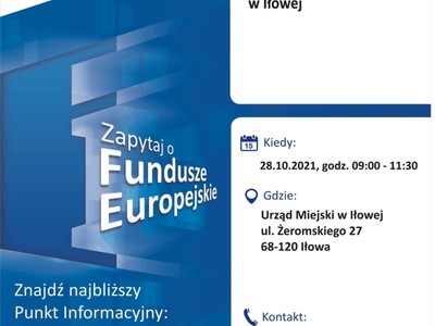 Plakat, który promuje Mobilny Punkt Informacyjny w Iłowej. Konsultacje przeprowadzą 28 października 2021 r. pracownicy Głównego Punktu Informacyjnego Funduszy Europejskich w Zielonej Górze.